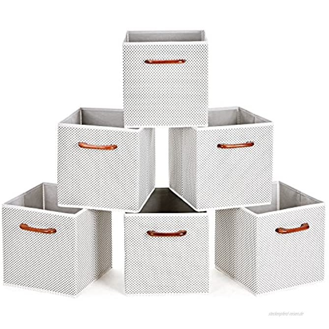 MaidMAX Aufbewahrungsboxen mit Holzgriff in 6er-Set für Regal Faltbare Stoffboxen in Würfelform Ordnungsbox Faltbox Ordnungssystem für Büro Kinderzimmer Schlafzimmer Schrank-Weiß