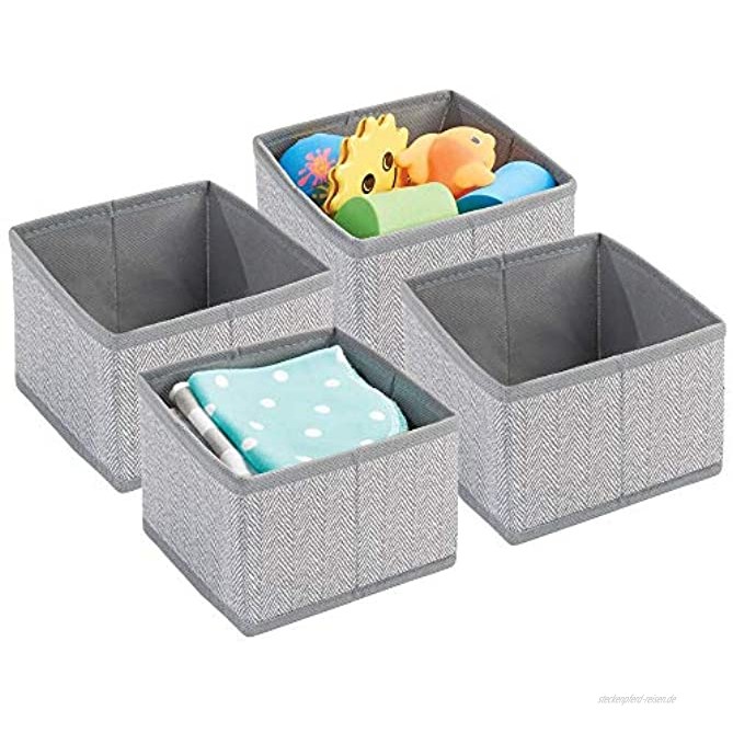 mDesign 4er-Set Aufbewahrungsbox für Kinderzimmer und Bad – Faltbare Kinderzimmer Aufbewahrungsbox mit Fischgrätenmuster – stilvoller Kinderschrank Organizer aus Kunstfaser – grau
