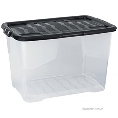Aufbewahrungsbox Curve mit Deckel aus transparentem Kunststoff. Nutzvolumen von ca. 65 Liter. Stapelbar und nestbar. Maße BxTxH in cm: 61 x 40 x 39 cm
