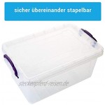 Aufbewahrungsbox mit Deckel 3 Stück je 22 Liter 32 x 48,5 x 21 cm lebensmittelecht aus Kunststoff Made in EU transparent mit lila Griffen