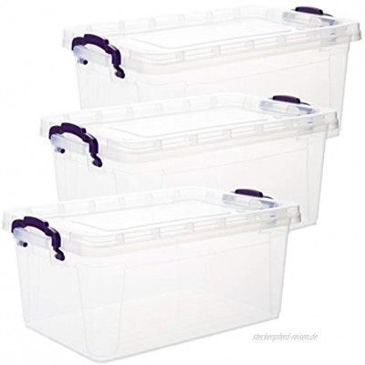 Aufbewahrungsbox mit Deckel 3 Stück je 22 Liter 32 x 48,5 x 21 cm lebensmittelecht aus Kunststoff Made in EU transparent mit lila Griffen