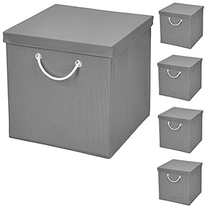 CM3 5 Stück Hellgrau Faltbox 30 x 30 x 30 cm Aufbewahrungsbox faltbar mit Kordel und mit Deckel
