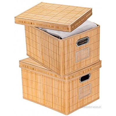 GOPLUS 2er Set Aufbewahrungskorb Klappbare Aufbewahrungskiste Aufbewahrungsbox mit Deckel aus Bambus mit Griff & Schildhalter für Kleiderschrank Bücher Spielzeug und mehr Natur