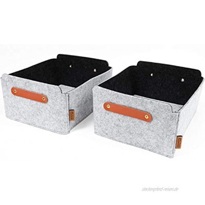Miqio® Design Aufbewahrungsbox aus Filz mit Ledergriff | hochwertiger Korb aus Filz | Filzbox mit Echtleder Elementen | grau meliert | Filzkorb 2er Set