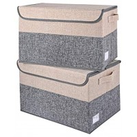 E-MANIS Große Faltbare Aufbewahrungsbox Aufbewahrungsboxen mit Deckel Stoffaufbewahrungskorbwürfel mit Griffen zum Organisieren von Regal Kinderzimmer Schrank & Büro Grau + Beige -2 Pack