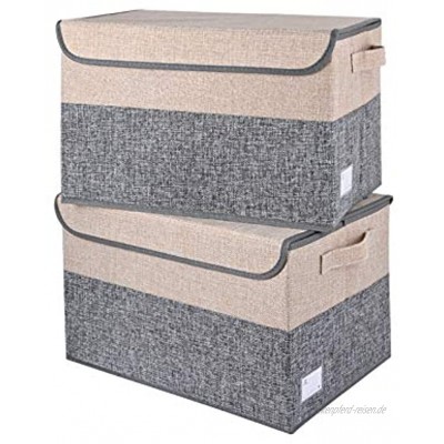 E-MANIS Große faltbare Aufbewahrungsboxen mit Deckel Stoff-Aufbewahrungskorb würfelförmig weiße Griffe zum Organisieren von Regal Kinderzimmer Zuhause Schrank und Büro grau + beige 2 Stück