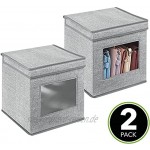 mDesign 2er-Set Aufbewahrungsbox – kleine Aufbewahrungskiste mit Deckel und Sichtfenster aus Kunstfaser – quadratische Schrankbox zur Kleideraufbewahrung im Schlafzimmer – grau