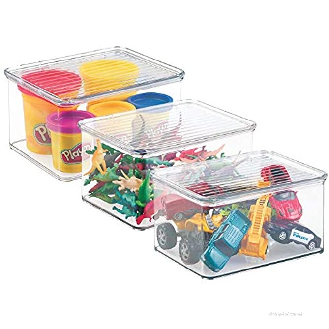 mDesign 3er-Set Spielzeugaufbewahrung – Aufbewahrungsbox mit Deckel zum Spielsachen verstauen im Regal oder unter dem Bett – durchsichtig