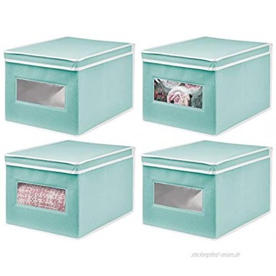 mDesign 4er-Set Stoffbox – praktische Aufbewahrungsbox mit Deckel für Schlaf- Wohn- oder Badezimmer – stapelbare Schrankbox aus atmungsaktiver Kunstfaser – türkis weiß