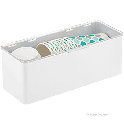 mDesign Aufbewahrungsbox aus BPA-freiem Kunststoff – stapelbare Plastikbox mit Deckel für Küche oder Bad – vielseitig nutzbare Ordnungsbox – weiß und durchsichtig 14,0 cm x 33,8 cm x 12,7 cm