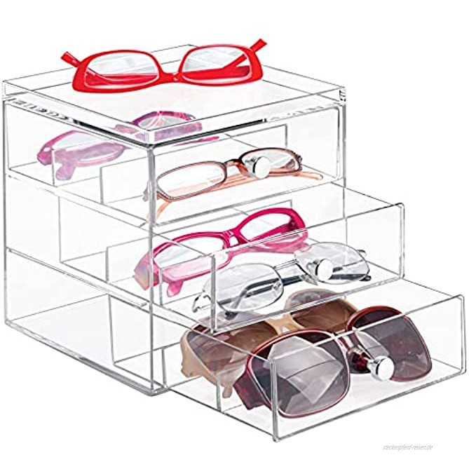 mDesign Aufbewahrungsbox für Brillen Brillenablage für Brillenaufbewahrung in 3 Schubladen für Brillen Sonnenbrillen und Lesebrillen durchsichtig