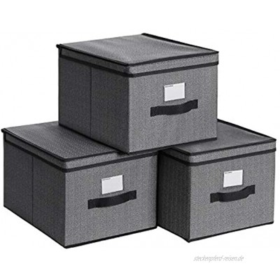 SONGMICS Aufbewahrungsboxen 3er Set Faltboxen Stoffboxen mit Deckel und Etikettenhalter 40 x 30 x 25 cm faltbar Vliesstoff in Leinenoptik schwarz