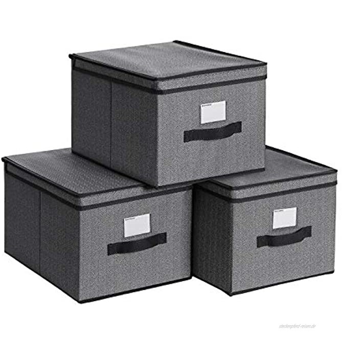 SONGMICS Aufbewahrungsboxen 3er Set Faltboxen Stoffboxen mit Deckel und Etikettenhalter 40 x 30 x 25 cm faltbar Vliesstoff in Leinenoptik schwarz