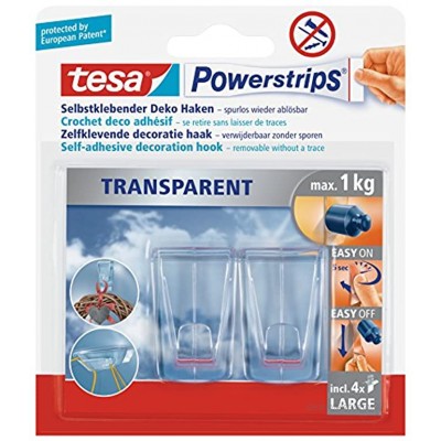 tesa Klebehaken für transparente Oberflächen und Glas 1 kg Durchsichtige selbstklebende Haken Bis zu 1 kg Halteleistung pro Haken 2-er Pack