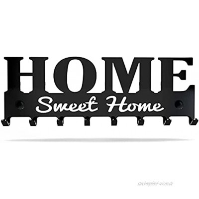 Schlüsselbrett „Home Sweet Home“ – 8 Haken in modern Style in schwarz Garderobenhaken Wandhaken Kleiderhaken – mit Montagezubehör – Moderne Flur Deko