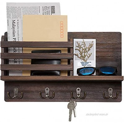 Dahey Briefhalter aus Holz Wandmontage mit 4 Doppel-Schlüsselhaken und einem schwebenden Regal rustikale Dekoration für Eingangsbereich oder Schlamm Braun