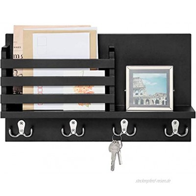 Dahey Wandmontierter Briefhalter aus Holz mit 4 doppelten Schlüsselhaken und einem schwebenden Regal rustikale Heimdekoration für Eingangsbereich oder Schlamm 41,4 cm B x 25,4 H 8,1 D schwarz