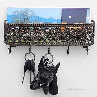 OAKEER Wandhalterung und Schlüsselhaken bronzefarbener Korb mit hängendem Schlüsselbrett für die Organisation von Schlüsseln Post und anderen kleinen Objekten. Blume aus Bronze