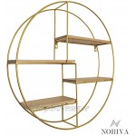NORIVA Wandregal Rund Gold mit 4 Regalbrettern Hängeregal aus 100% natürlichem Holz & Metall – Design Schweberegal Deko Regal für Wohnzimmer 50cm