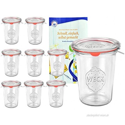 9er Set Original WECK 3 4-Liter Sturzglas 850 ml Rundrandglas RR100 + Glasdeckel + Dichtring + Weck-Klammern + GRATIS Rezeptheft Einmachglas Einkoch-Set Einlegen Einwecken + Konservieren Glas