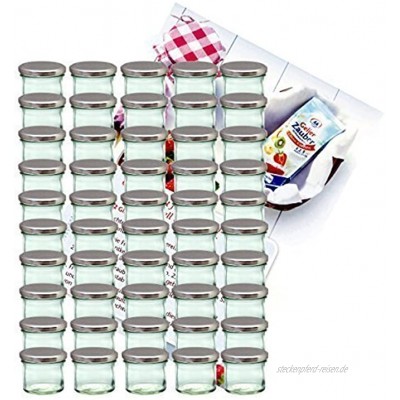 MamboCat 50er Set Sturzglas 125 ml Marmeladenglas Einmachglas Einweckglas to 66 silberner Deckel incl. Diamant-Zucker Gelierzauber Rezeptheft