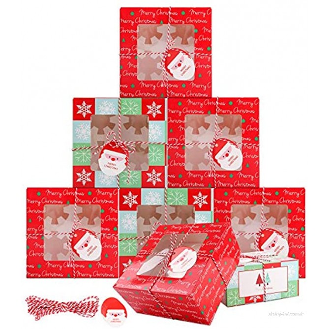10 Stück Weihnachts kuchen boxen 4-Loch Weihnachtsplätzchen Boxen mit Fenster Weihnachts Cupcake Boxen Weihnachtsbäckerei Box mit Verpackungsschnur und Tags Geschenkboxen geburtstagsfeier 16x16x8cm