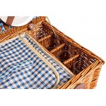 eGenuss Handgefertigtes Picknickkorb für 4 Personen Inklusive Edelstahlbesteck Kühlfach Weingläser und Keramikteller – Blaues Gingham-Muster 47x34x20 cm