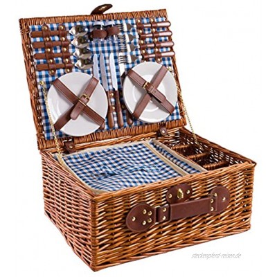 eGenuss Handgefertigtes Picknickkorb für 4 Personen Inklusive Edelstahlbesteck Kühlfach Weingläser und Keramikteller – Blaues Gingham-Muster 47x34x20 cm