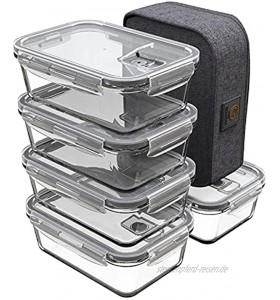 GENICOOK Lunchbox Bento Brotdose mit Lunchtasche Frischhaltedosen Glas perfekt für Meal Prep BPA frei und LFGB-zugelassen für Home Küche oder den Gebrauch unterwegs5 * 840ml