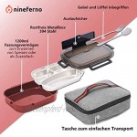 Nineferno Lunchbox- mit Edelstahl Fächern[1200ml] Auslaufsicher & BPA-frei -Für Kinder & Erwachsene. inkl Besteck Handyhalterung & Tasche,Rot