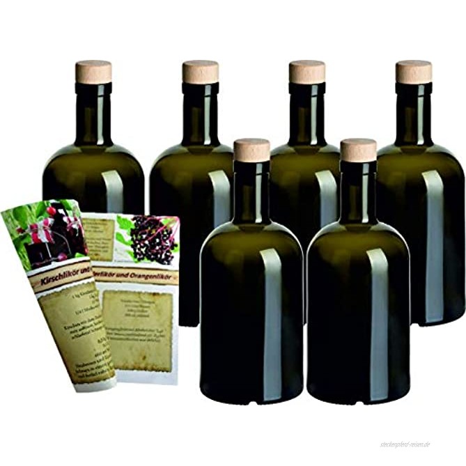 gouveo 6er Set Leere Glasflaschen Klassik 500 ml Antik incl. Holzgriffkorken und Flaschendiscount-Rezeptbroschüre Flaschen für Liköre Essige und Öl