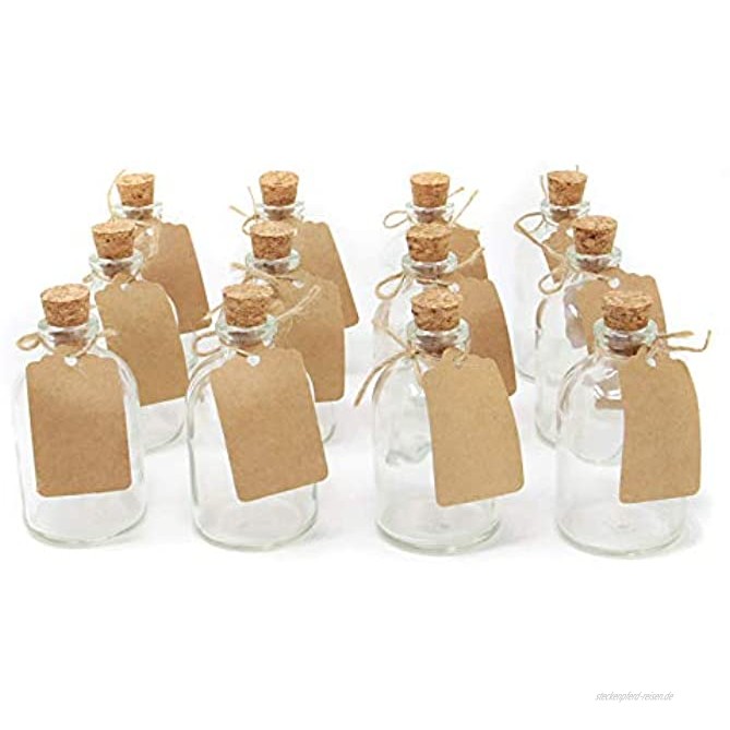Set von 12 Mini-Glasflaschen | Hochzeitsdekorationen Gefälligkeiten | 50ml Glasflaschen mit Korkdeckeln | Enthält beigefügte Etiketten | M&W