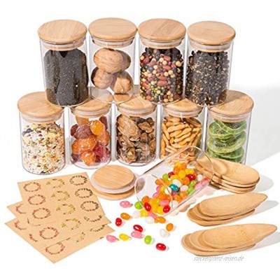 Yangbaga Vorratsgläser mit Bambus-Deckel und Löffel 10er Set Luftdicht Glasbehälter mit Etikettenpapier für Getreide Trockenfrüchte Nüsse oder Snacks  270ml