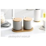 AWQREB Keramik Gewürzdosen 2 Stück Gewürz Aufbewahrungsbehälter Mit Deckel und Löffel 300ml Gewürzbox Holzdeckel,Weiß