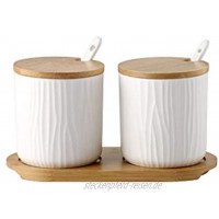 AWQREB Keramik Gewürzdosen 2 Stück Gewürz Aufbewahrungsbehälter Mit Deckel und Löffel 300ml Gewürzbox Holzdeckel,Weiß