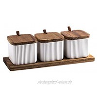 AWQREB Porzellan Gewürzglas Gewürzbehälter Set mit Bambus Deckel & Tablett Keramik Cruet Pot für Zuckerdose Serviert Tee Gewürz Kaffee,Weiß