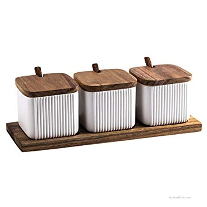 AWQREB Porzellan Gewürzglas Gewürzbehälter Set mit Bambus Deckel & Tablett Keramik Cruet Pot für Zuckerdose Serviert Tee Gewürz Kaffee,Weiß