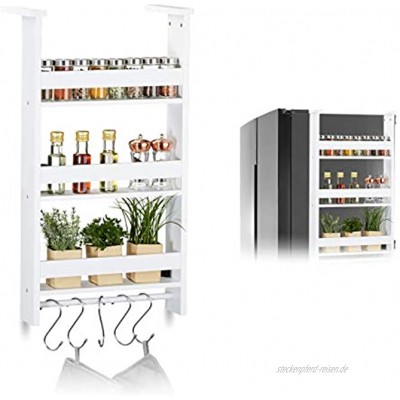 Relaxdays Hängeregal für Kühlschrank Aufbewahrung von Gewürzen mit Küchenreling & 5 Haken MDF HBT: 74x42x20 cm weiß 1 Stück