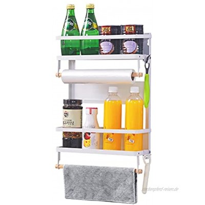 XIAPIA Kühlschrank Hängeregal mit 5 Haken| 2 Magnetische Gewürz Ablagen mit Rollenhalter | Küchen Organizer Aufbewahrung 40.5x34x10 cm Weiß