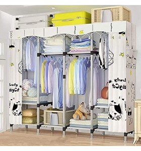 JLKDF Stoff Kleiderschränke Leinwand Kleiderschrank mit 2 Seitentaschen und 4 Kleiderbügelstangen 25 cm Dicke Stahlrohr verwendet in Schlafzimmer Kleidung Schuhe Spielzeug C.