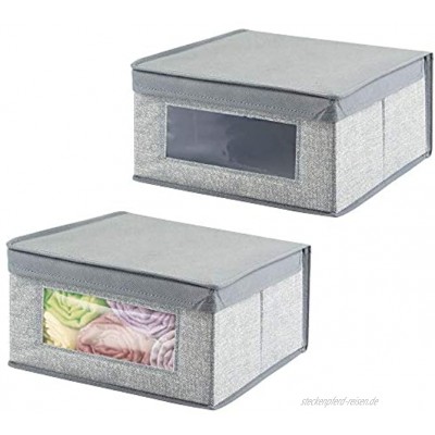 mDesign 2er-Set stapelbare Stoffbox mit Deckel für Kleidung und Bettwäsche – mittelgroße Aufbewahrungskiste mit Sichtfenster – Schrank Organizer fürs Schlafzimmer oder den Flur – grau