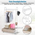 HOMCOM Kleiderständer Rollgarderobe Kleiderstange mit Schubladen Haken Regal aus Metall + Holz weiß + Natur L 99 x B 47 x H 185 cm